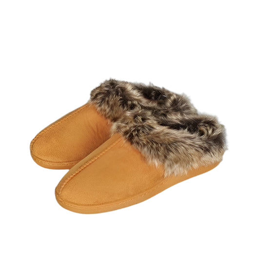 Womens Fur Slippers Brown Small (Size 7-8)