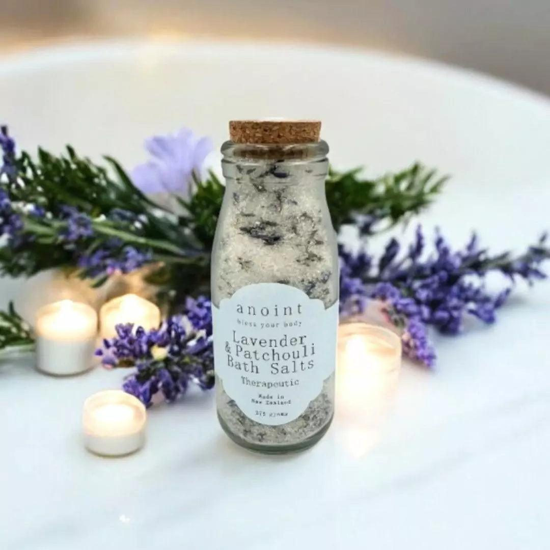 Lavender and Patchouli Bath Salts Bottle