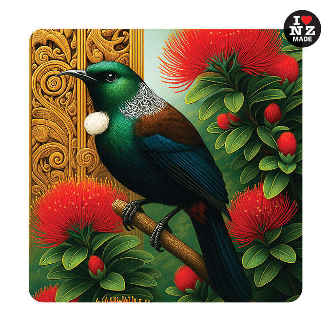 Doug Healey Individual Acrylic Coaster with Tui in Pohutukawa