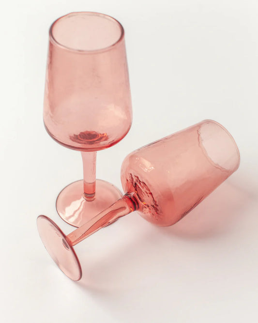 Pair of Blush Handblown Hammered Wine Glasses