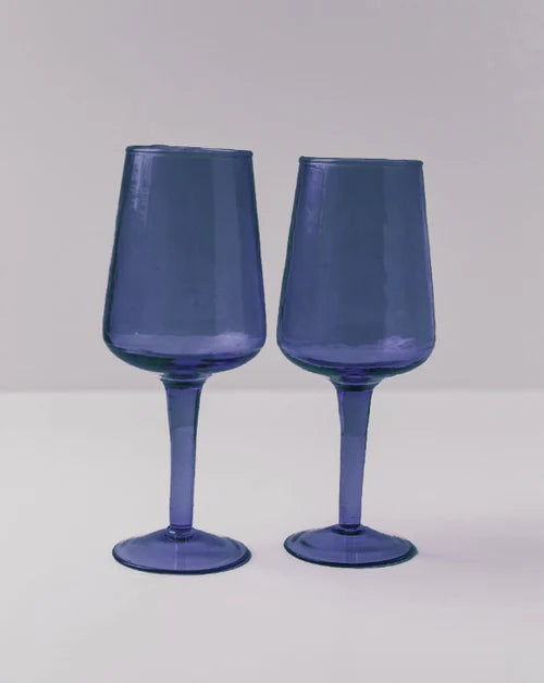 Pair of Blue Handblown Hammered Wine Glasses