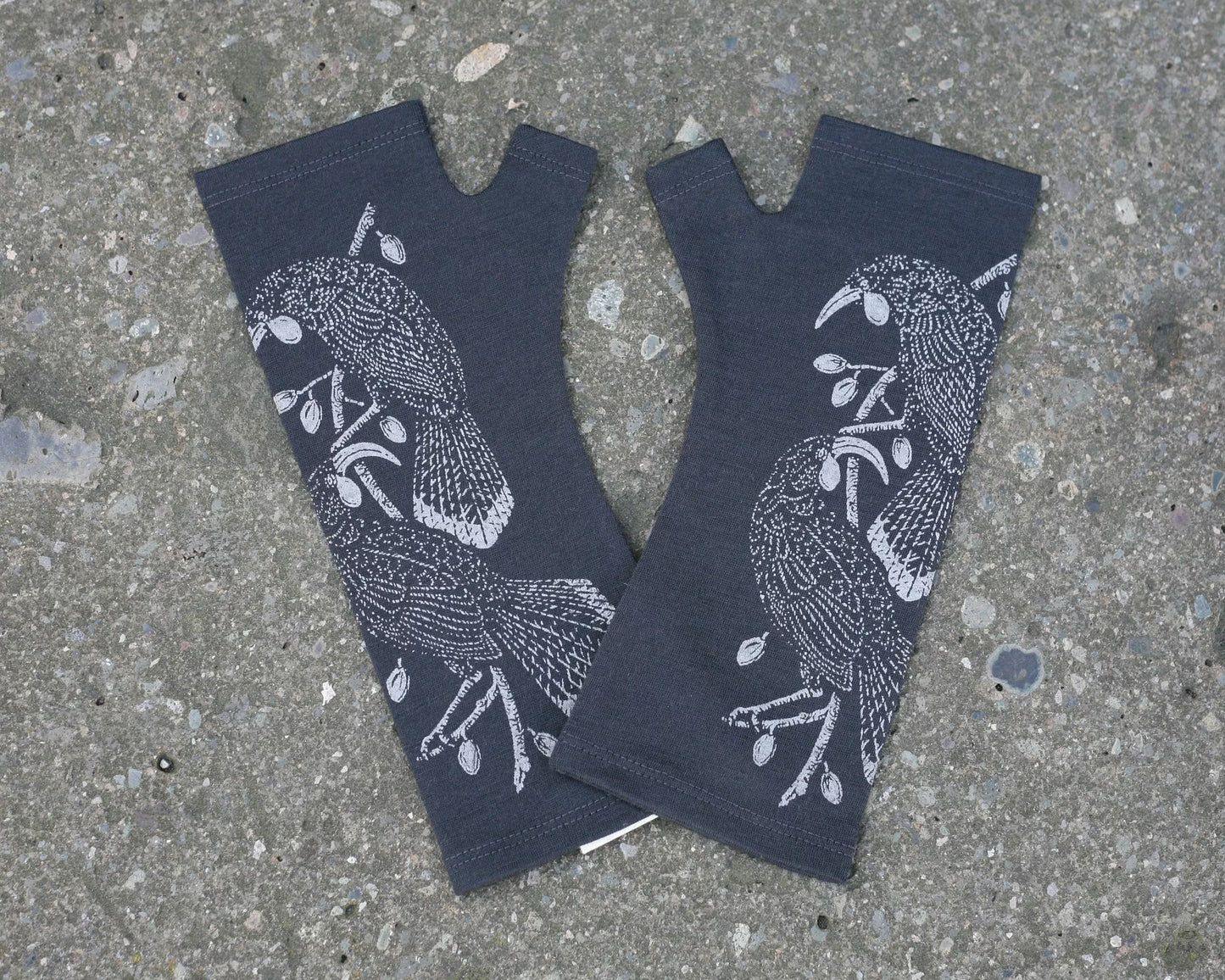 Charcoal huia bird printed merino fingerless gloves