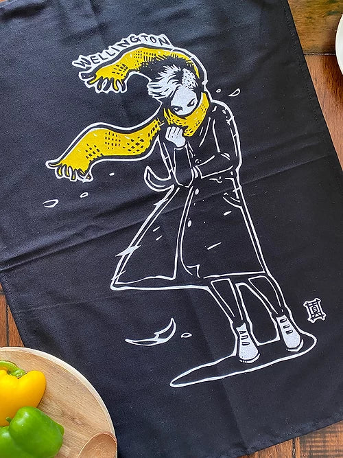 "Windy Welly Girl - Yellow Scarf" Tea Towe - Tigerlily Gift Store