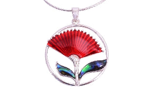 Paua Shell Pohutukawa red enamel round pendant