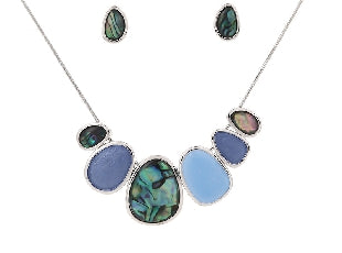 Blue Paua Beads Rhodium Necklace Set