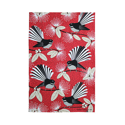 Tea Towel Flirting Fantails Red