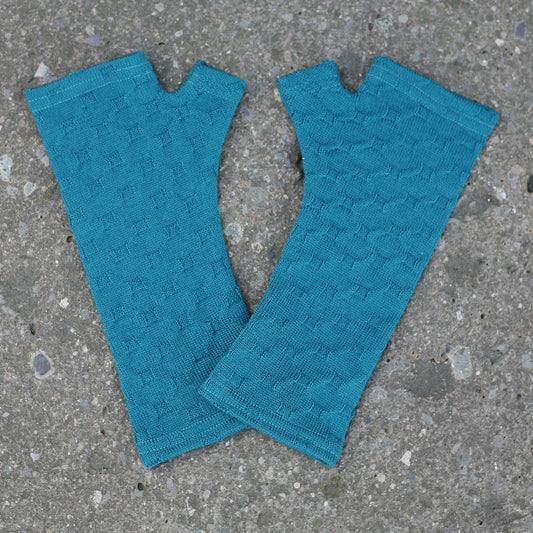 Teal crosses knit merino fingerless gloves