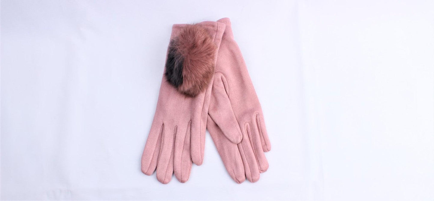 Faux Suede Glove With Large Fur Pompom Pink