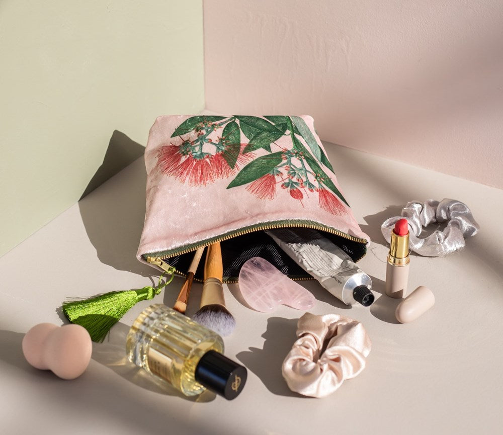 Vintage Botanical Pohutukawa Velvet Cosmetic Bag