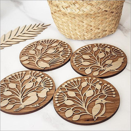 Coasters Set Bamboo+ Rimu: Pohutukawa + Birds