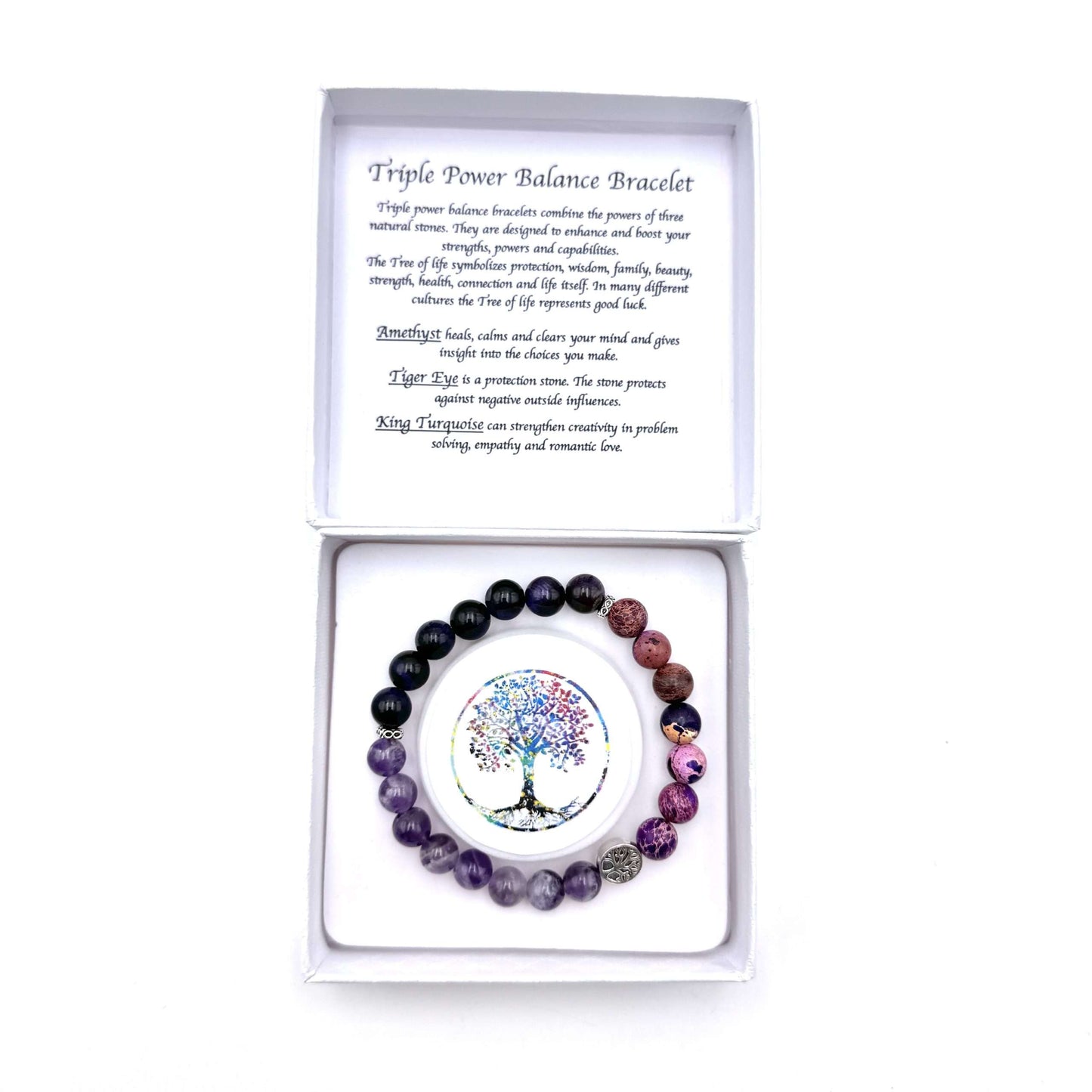 Triple Power Balance Bracelet Tree of Life – Amethyst-Purple Tiger Eye-King Turquoise