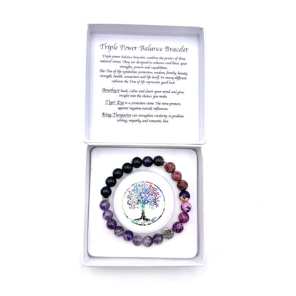 Triple Power Balance Bracelet Tree of Life – Amethyst-Purple Tiger Eye-King Turquoise