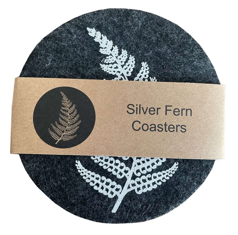 Silver Fern On Dark Grey Set of 4 - Ecofelt Coaster