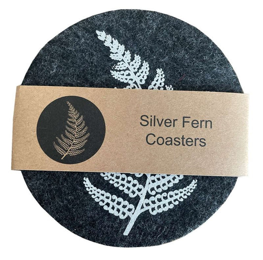 Silver Fern On Dark Grey Set of 4 - Ecofelt Coaster