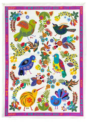 White Retro NZ Birds Tea Towel