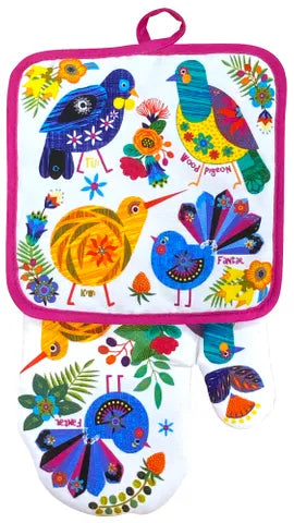 Retro NZ Birds Pot Mat & Oven Glove
