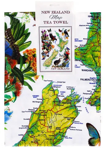 White Vintage NZ Birds & Butterflies Tea Towel