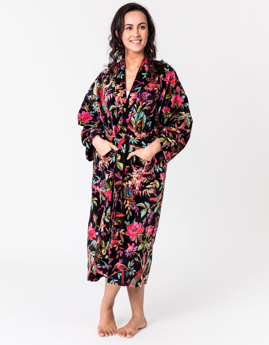 Paradise Black Velvet Kimono Robe