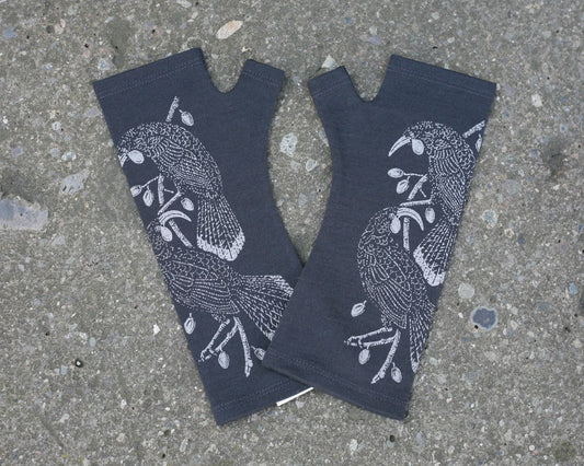 Charcoal huia bird printed merino fingerless gloves