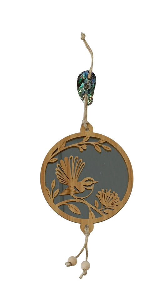 Mini Round Hanging Mirror: Fantail & Pohutukawa