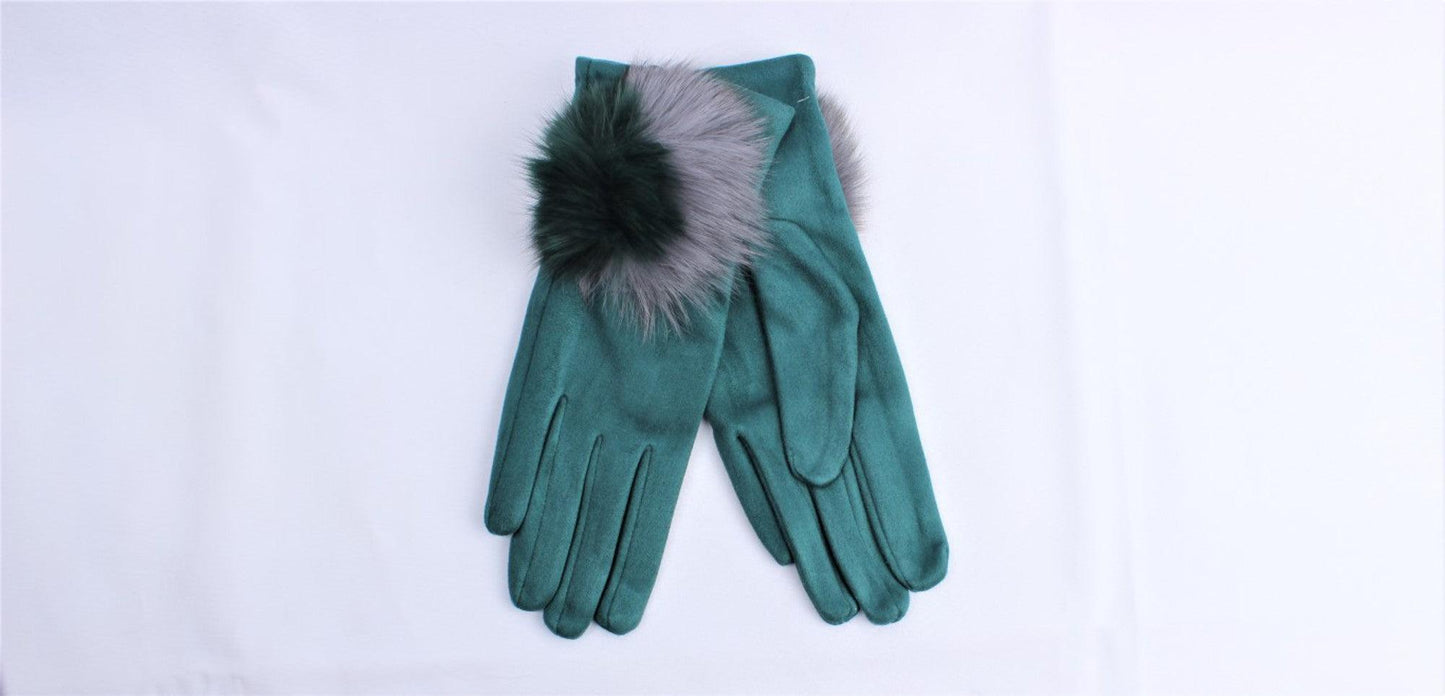 Faux Suede Glove With Large Fur Pompom Teal
