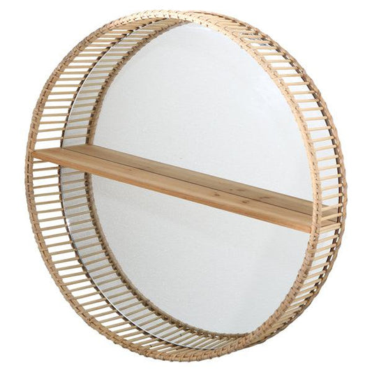 Round Bamboo Mirrored Wall Shelf