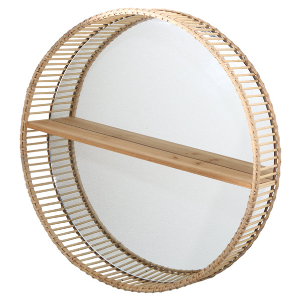 Round Bamboo Mirrored Wall Shelf