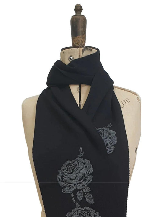 Black Merino Wool Rose Scarf