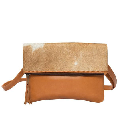 Tan and White Cowhide Fold-over Bag