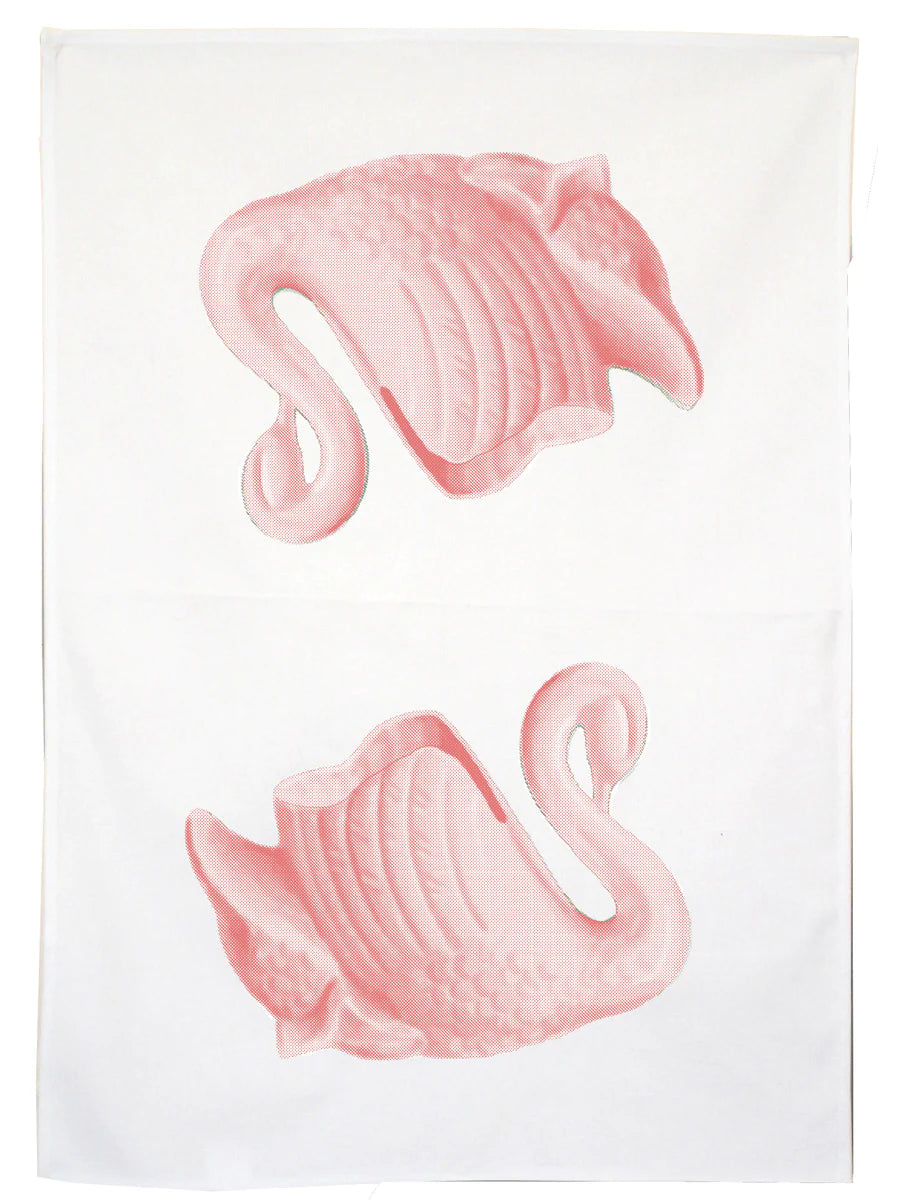 Cream linen swan tea towel - pink