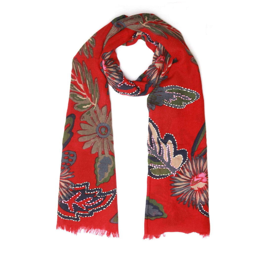 Merino Embroidered Red Scarf