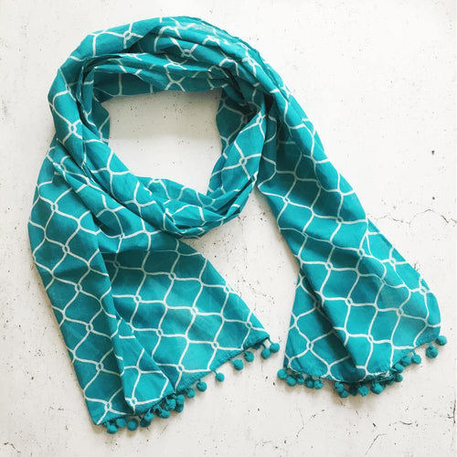 Turquoise Lattice Pompom Scarf - Tigerlily Gift Store